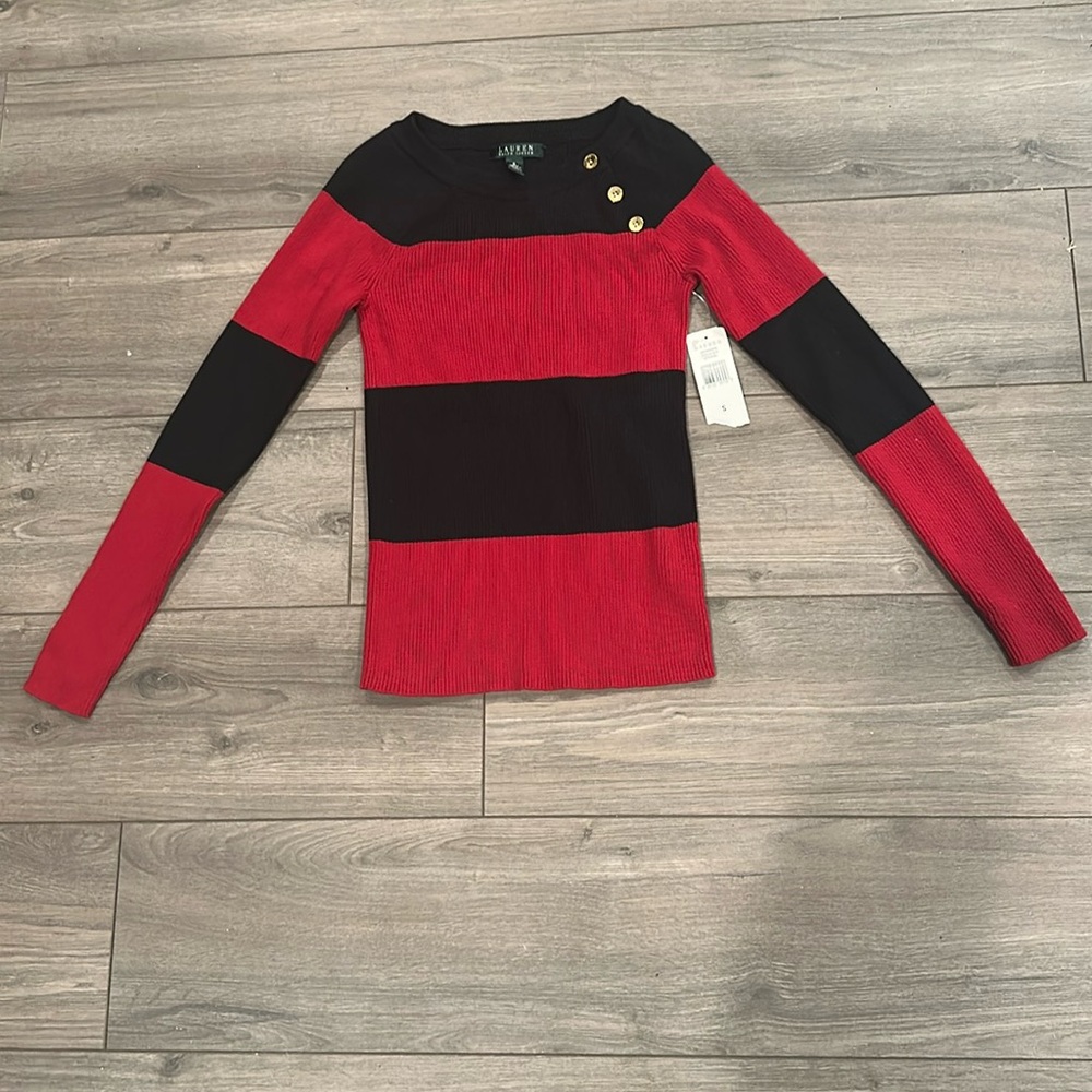 LAUREN Ralph Lauren Black & Red Striped Knit Button Shoulder Sweater Sz S NWT